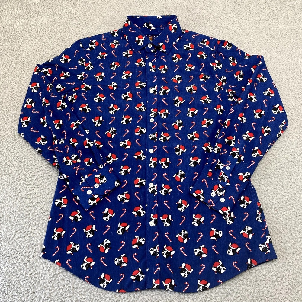 Simon Banks Shirt Mens Medium 15.5 Blue Button Up‎ Long Sleeve Christmas Dogs